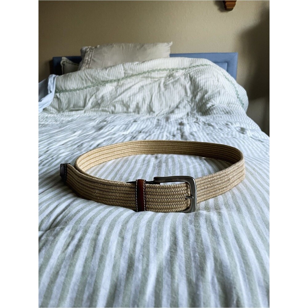 Men’s Brighton Palmer Woven Stretch Leather Belt Size 40 Cream Cognac